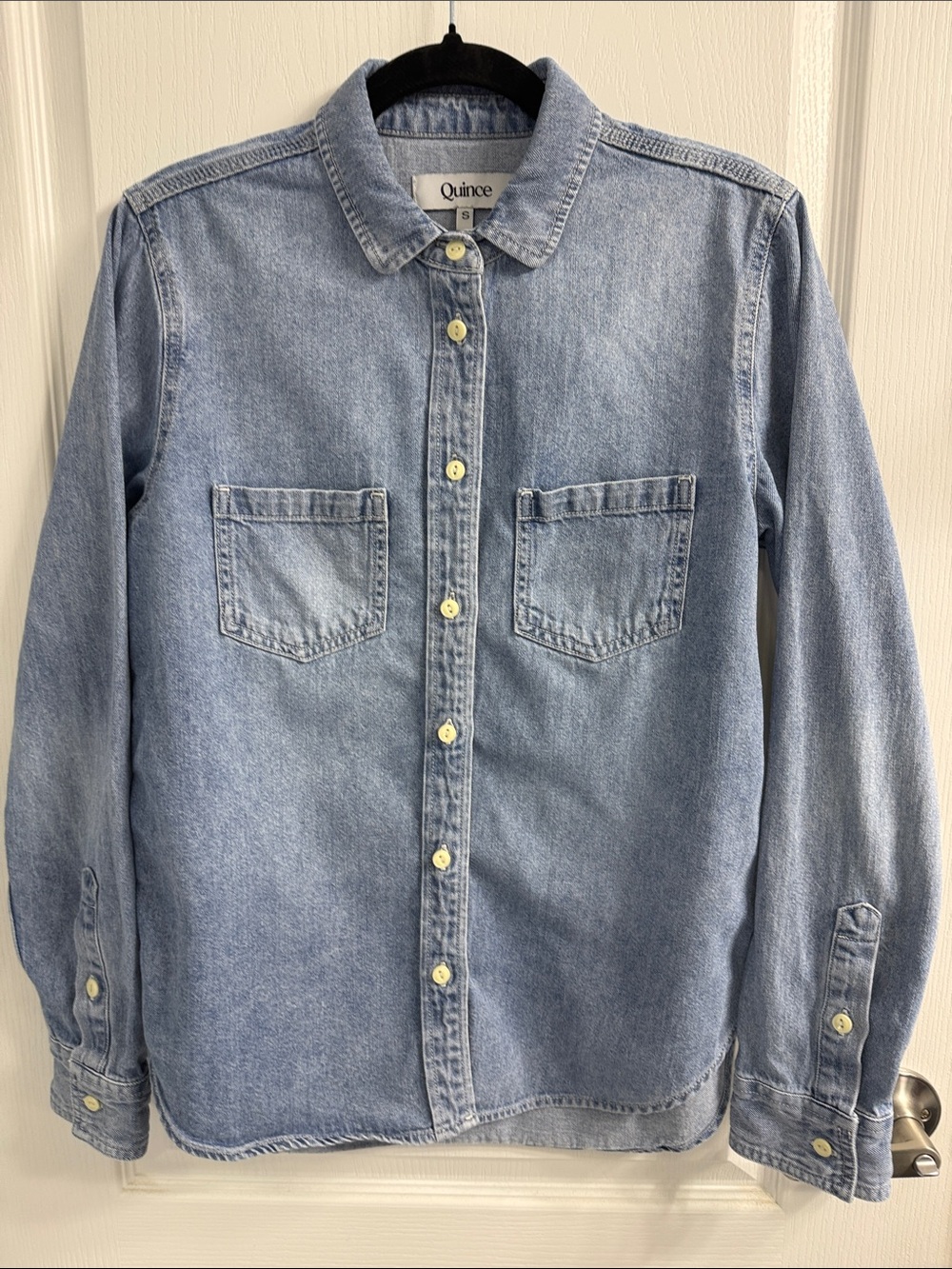 Quince Light Blue Chambray Distressed Denim Button-Down Shirt Classic Minimalist